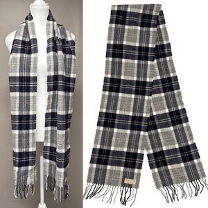Lambswool House Of Spey Scotland Plaid Fringed Scarf Gray Black Beige 72x9.5”